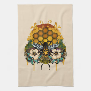 Queen Bee Floral Honeycomb Botanical Garden Tea Towel