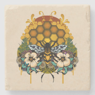 Queen Bee Floral Honeycomb Elegant Marble Stone Coaster