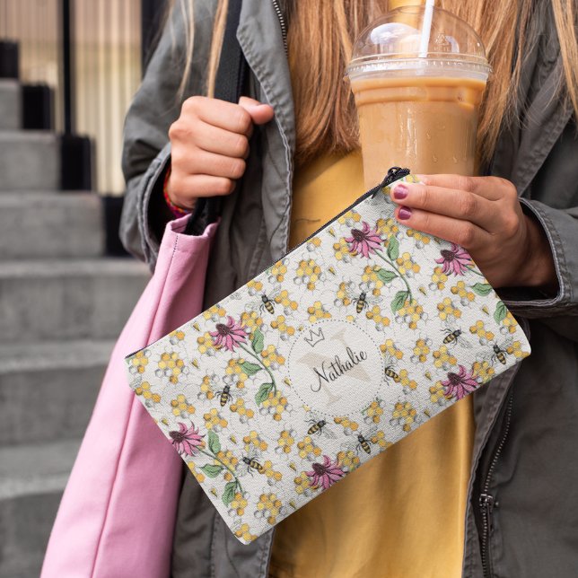Queen Bee Floral Monogram Ivory Modern Accessory Pouch (Elegant Buzzing Royal Queen Bee, Honeycomb & Pink Flowers Pattern with Custom Monogram and Name)