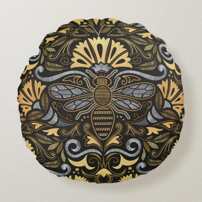 Queen bee garden // embroidery passementerie style round cushion (Front)