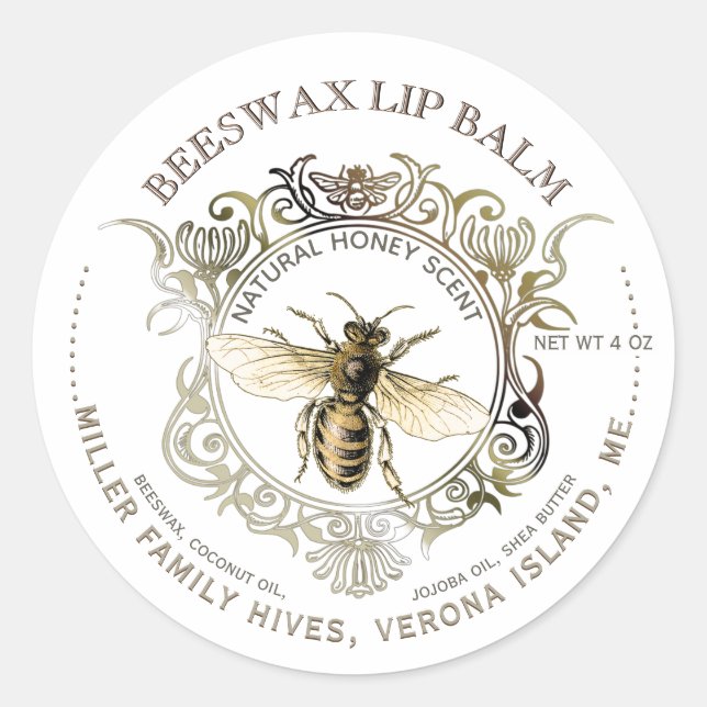 Queen Bee Gold Ornate Frame Beeswax Lip Balm Classic Round Sticker (Front)