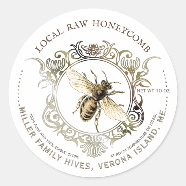 Queen Bee Gold Ornate Frame Raw Honeycomb Label (Front)