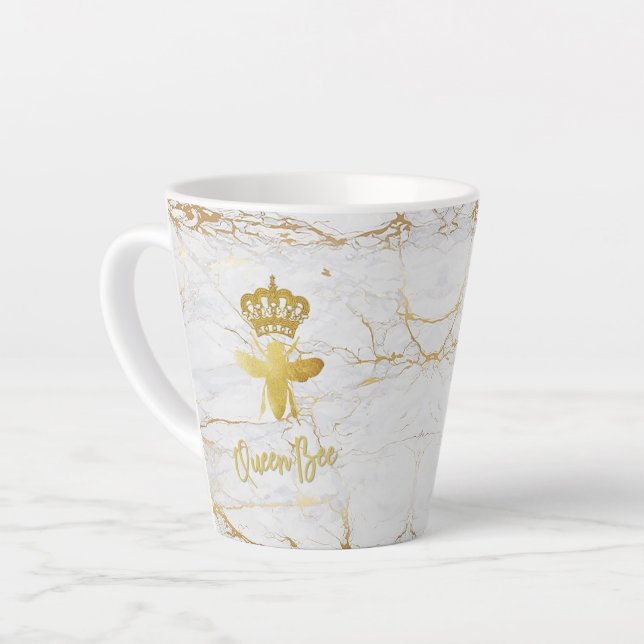 QUEEN BEE Gold White Marble Latte Mug (Left Angle)
