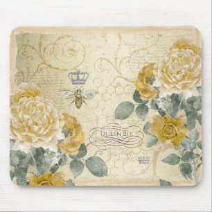 Queen Bee Golden Yellow Vintage Rose Royal Crown Mouse Mat