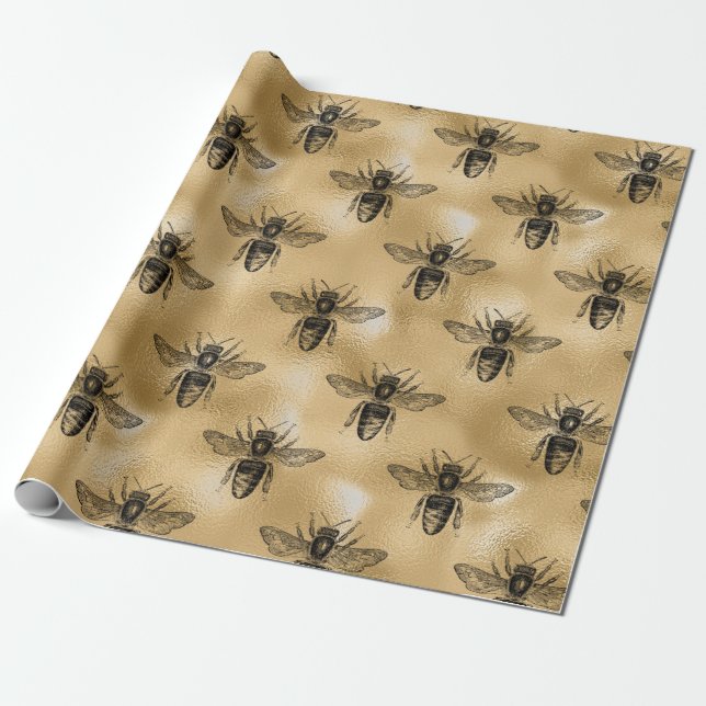 Queen Bee Honey Comb Metallic Gold Sepia Black Wrapping Paper (Unrolled)