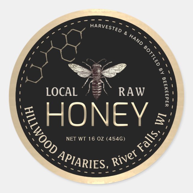 Queen Bee Honey Jar Label Local Raw Hand Bottled  (Front)