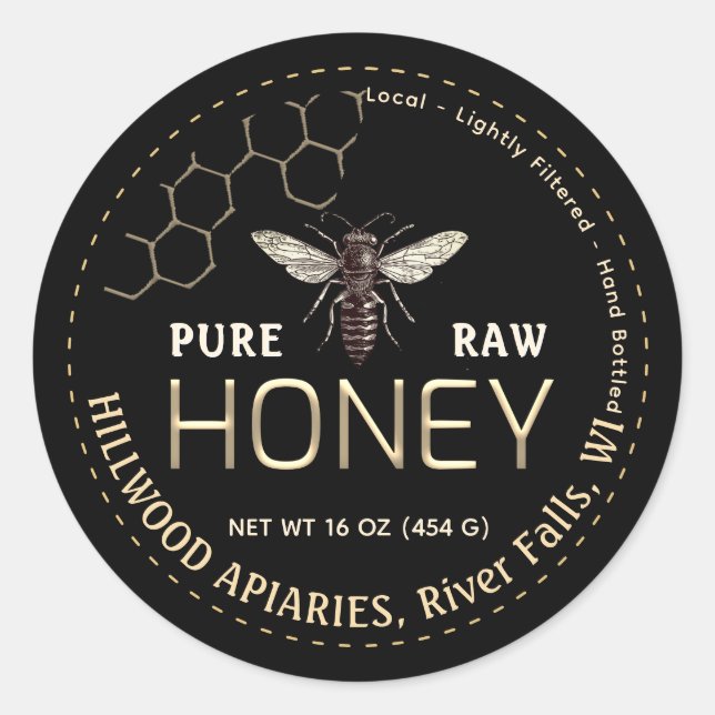 Queen Bee Honey Jar Label Pure Raw Local Honey (Front)