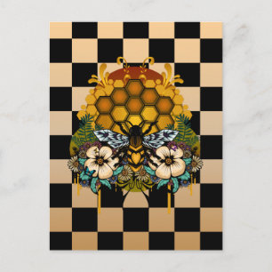 Queen Bee Honeycomb Floral Art Gold Black Postcard