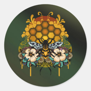 Queen Bee Honeycomb Floral Green Gradient Nature Classic Round Sticker