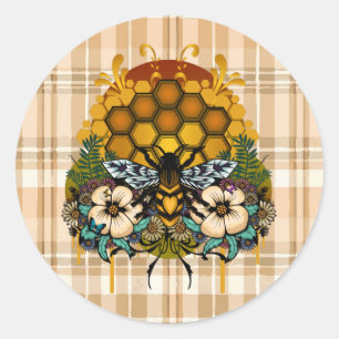 Queen Bee Honeycomb Floral Plaid Cottagecore Classic Round Sticker