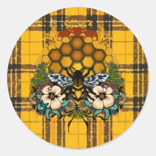 Queen Bee Honeycomb Floral Yellow Brown Plaid Rust Classic Round Sticker