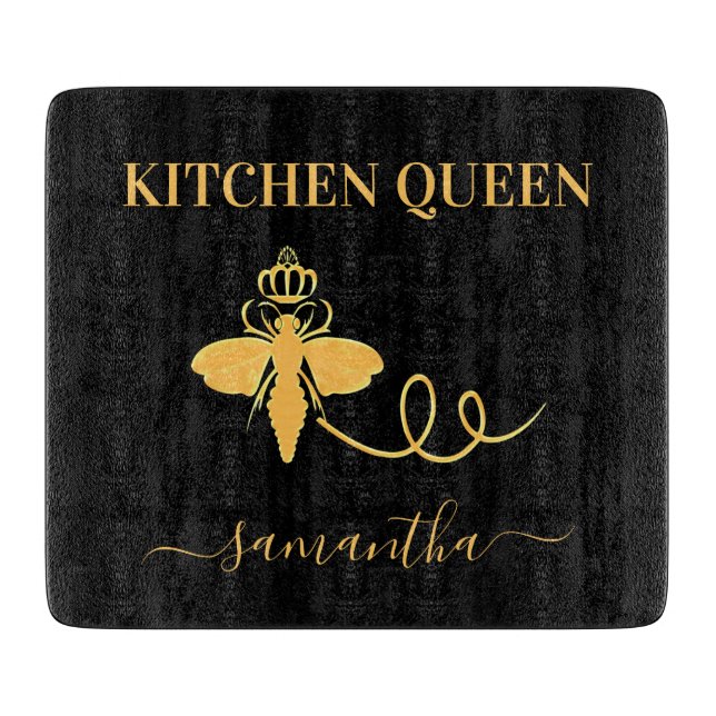 Queen bee kitchen cook name black gold cutting board (Front)