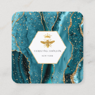 Queen bee logo on turquoise agate square business card