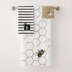 Queen Bee Stripe with Honey Comb   Monogram Bath Towel Set