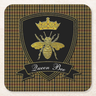 Queen Bee Tweed Your Text Square Paper Coaster