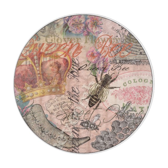 Queen Bee Vintage Beautiful Collage Cutting Board (Front)
