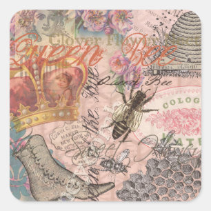 Queen Bee Vintage Beautiful Collage Square Sticker