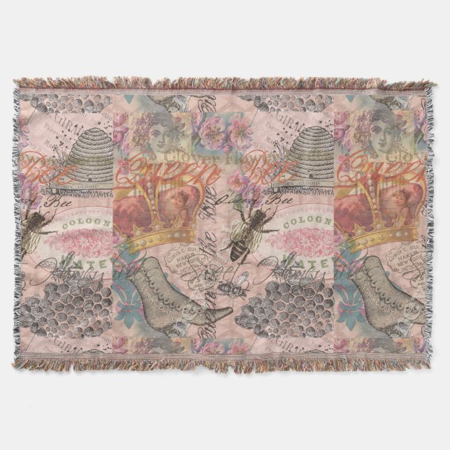 Queen Bee Vintage Beautiful Collage Throw Blanket (Front)