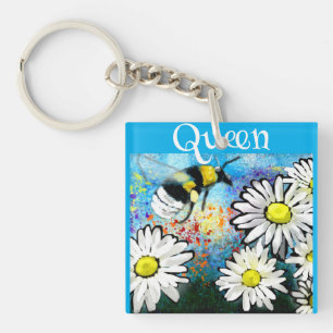 Queen Bee Whimsical Bumblebee in Daisies Painting Key Ring