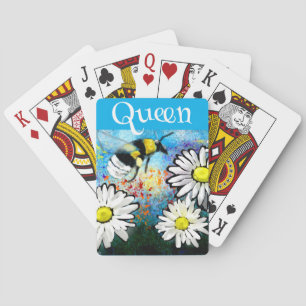 Queen Bee Whimsical Bumblebee in Daisies Painting Playing Cards