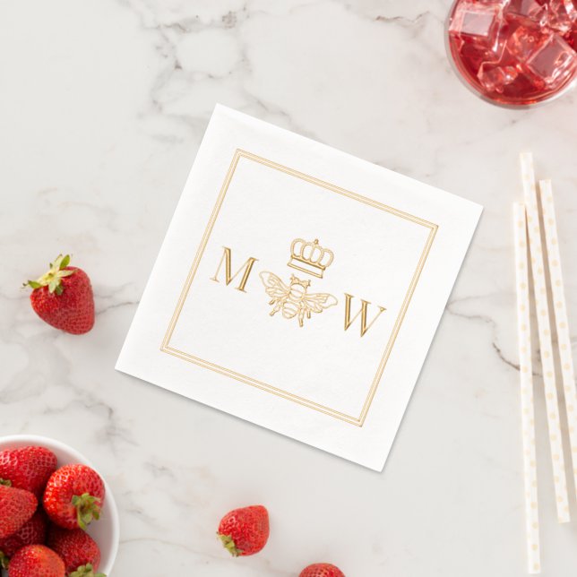 Queen Bee With Crown Couple 2 Initial Monogram Frm Foil Napkins (Insitu (Strawberry))
