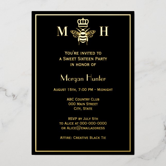 Queen Bee With Crown Sweet Sixteen Foil Holiday Card (Front)