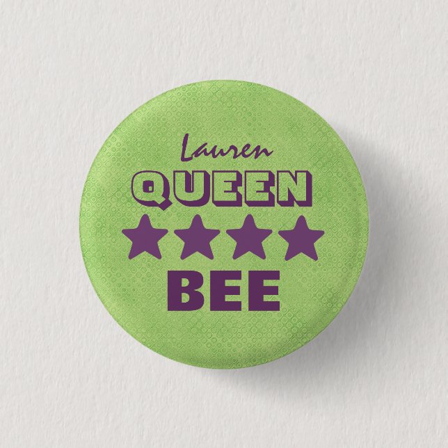 QUEEN BEE with Stars GREEN and PURPLE Boss V20C 3 Cm Round Badge (Front)