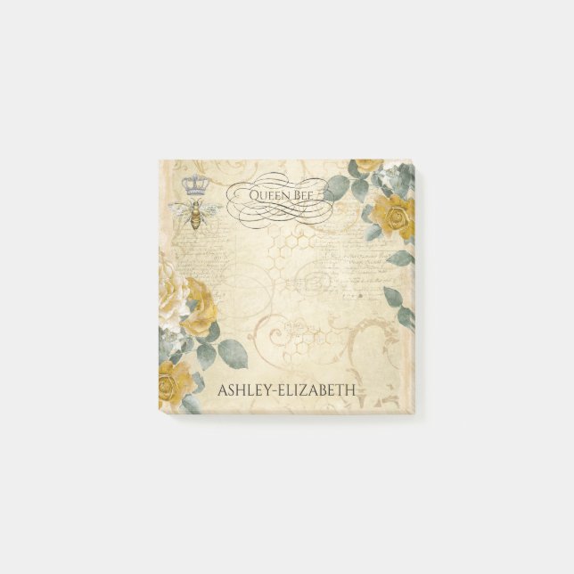 Queen Bee Yellow Gold Rose Floral Monogram 3x3 Post-it Notes (Front)