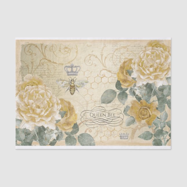 Queen Bee Yellow Roses with Damask Floral  Tissue Paper (Front)