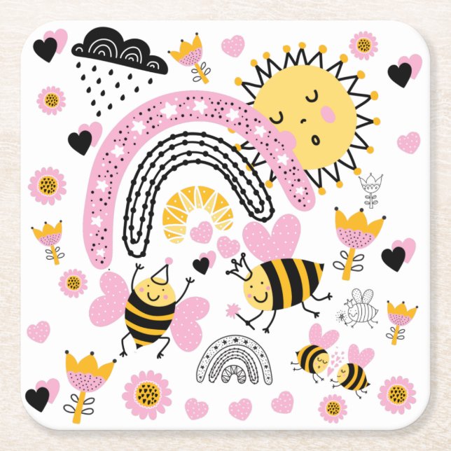 Queen BEES Cute BFF, Baby Girl, Girly Gifts Pink Square Paper Coaster (Front)