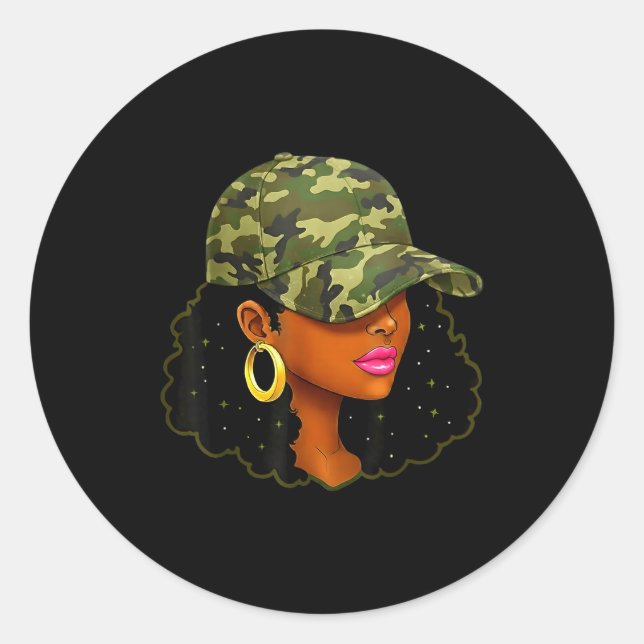 Queen Black Woman With Camo Cap Locs African Ameri Classic Round Sticker (Front)