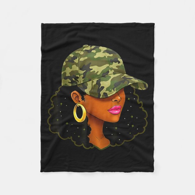 Queen Black Woman With Camo Cap Locs African Ameri Fleece Blanket (Front)