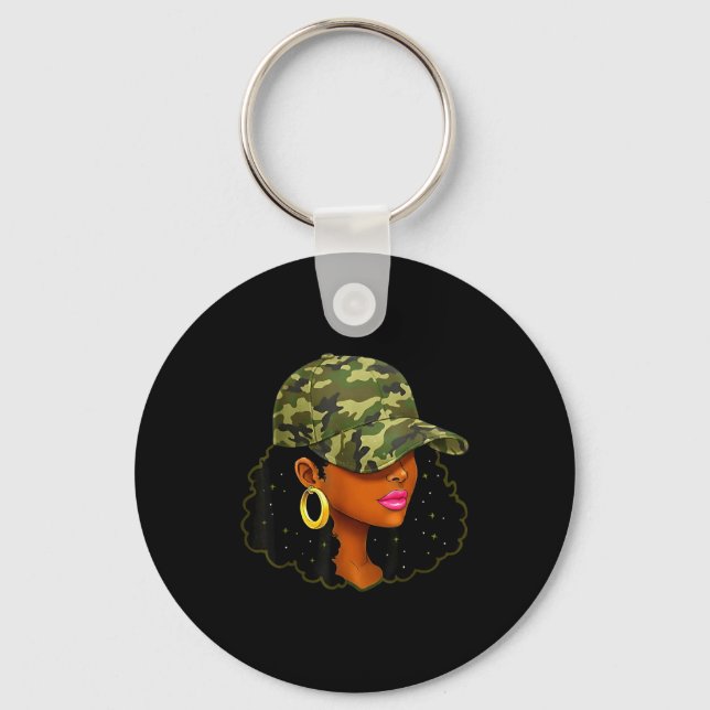 Queen Black Woman With Camo Cap Locs African Ameri Key Ring (Front)