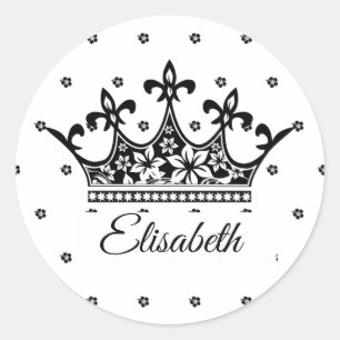 Queen crown floral black white beautiful vintage classic round sticker