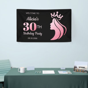 Queen Crown Pink Glitter Black 30th Birthday Banner