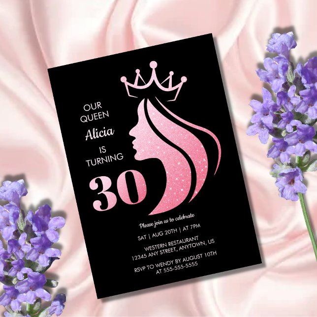Queen Crown Pink Glitter Black 30th Birthday Invitation (Creator Uploaded)