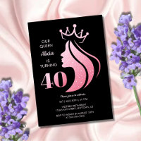 Queen Crown Pink Glitter Black 40th Birthday