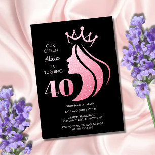 Queen Crown Pink Glitter Black 40th Birthday Invitation