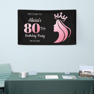 Queen Crown Pink Glitter Black 80th Birthday Banner