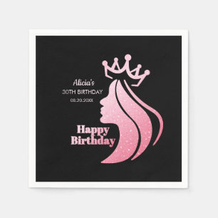 Queen Crown Pink Glitter Black Happy Birthday Napkin