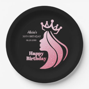 Queen Crown Pink Glitter Black Happy Birthday Paper Plate