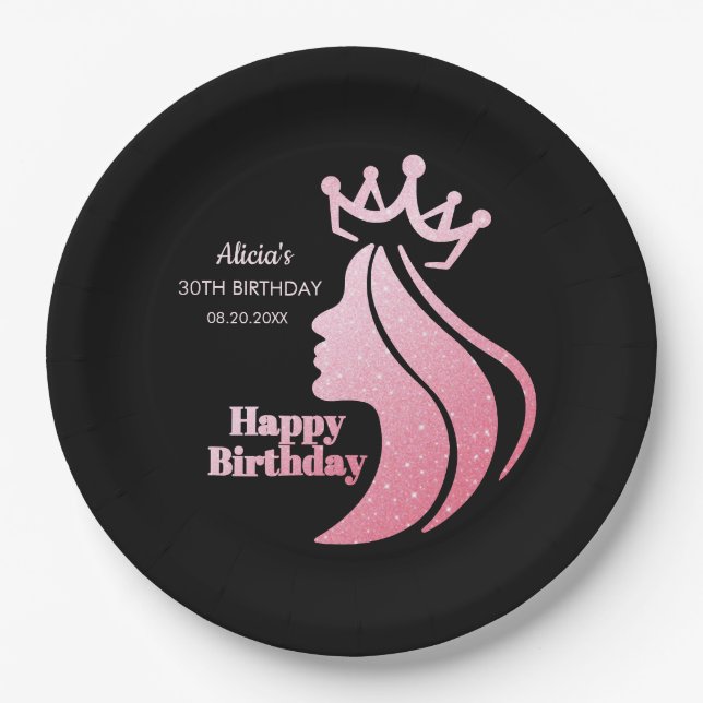 Queen Crown Pink Glitter Black Happy Birthday Paper Plate (Front)