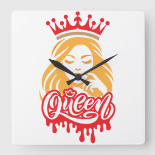 Queen Design – Elegant Royal Crown Typography for  Square Wall Clock