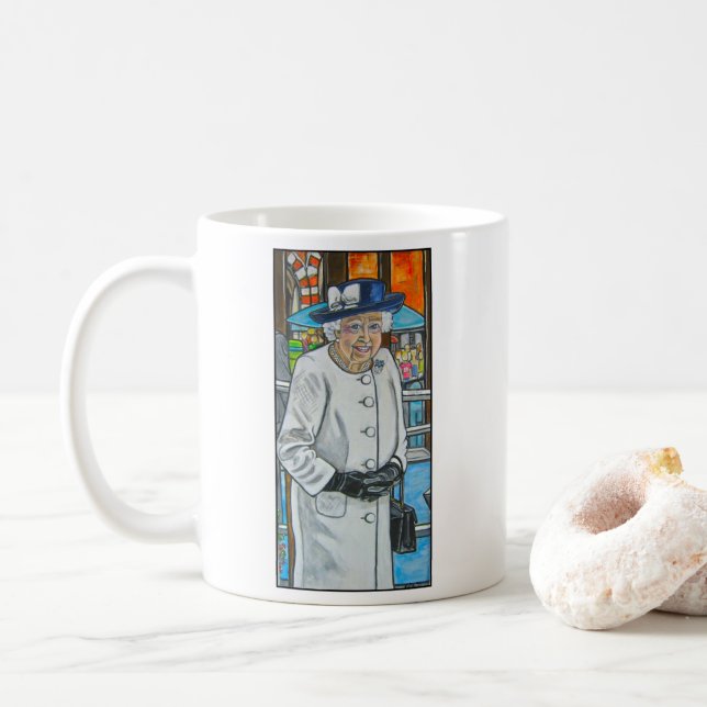 Queen Elizabeth At Paddington Station Coffee Mug (With Donut)
