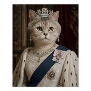 Queen Elizabeth II Cat Portrait Royal Feline Art Poster