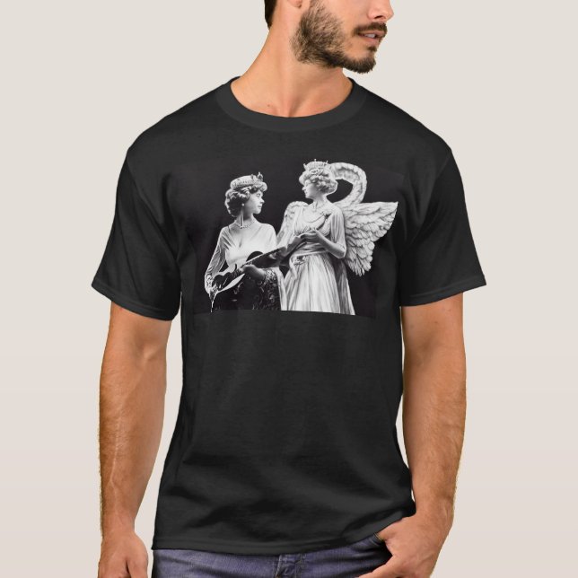 Queen Elizabeth II playing the guitar as a angel. T-Shirt (Front)