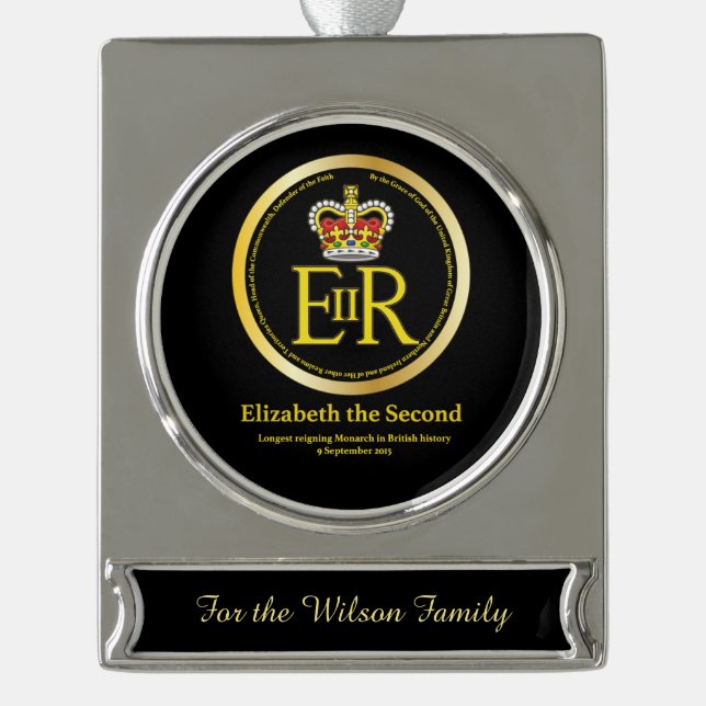 Queen Elizabeth II Reign Silver Plated Banner Ornament (Front)