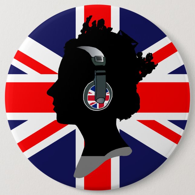 QUEEN ELIZABETH WITH HEADPHONES AND UK FLAG 6 CM ROUND BADGE (Front)