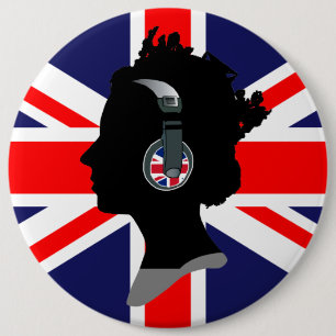 QUEEN ELIZABETH WITH HEADPHONES AND UK FLAG 6 CM ROUND BADGE