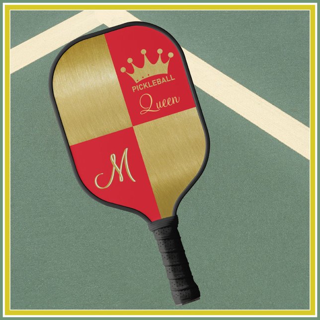 Queen Glam Red Gold Crown Monogram  Pickleball Paddle (Creator Uploaded)